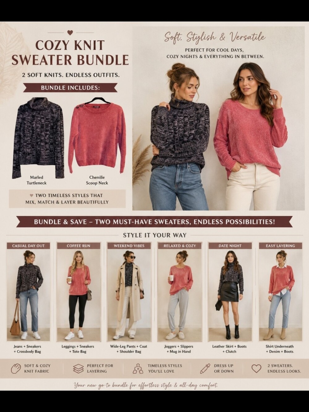 Cozy Knit Sweater Bundle | Chenille Scoop Neck + Marled Turtleneck (M/L)